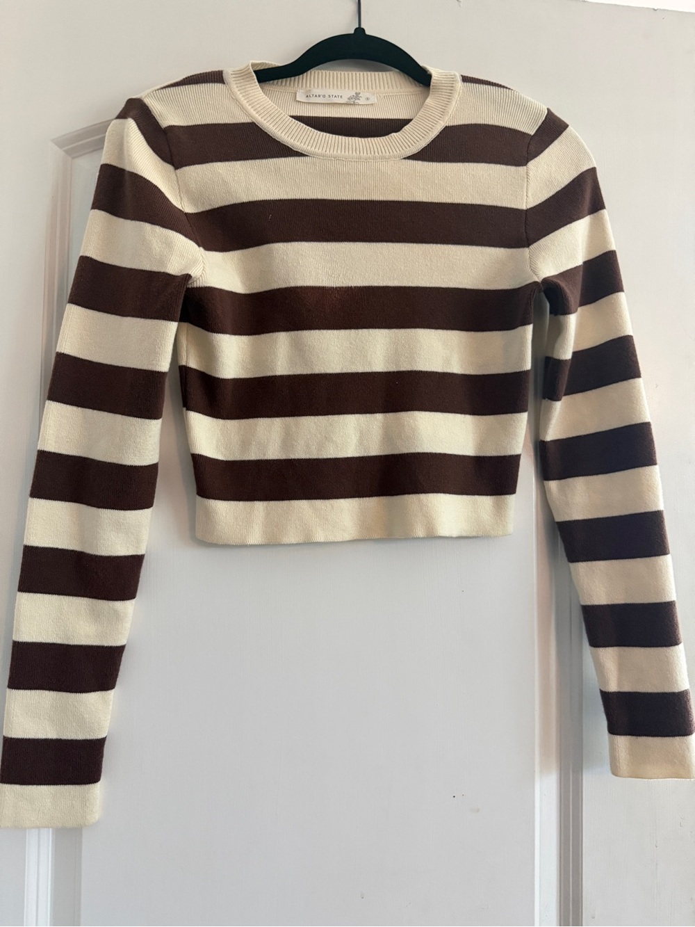 Altar'd State Brown & Cream Striped Crop Crew Sweater